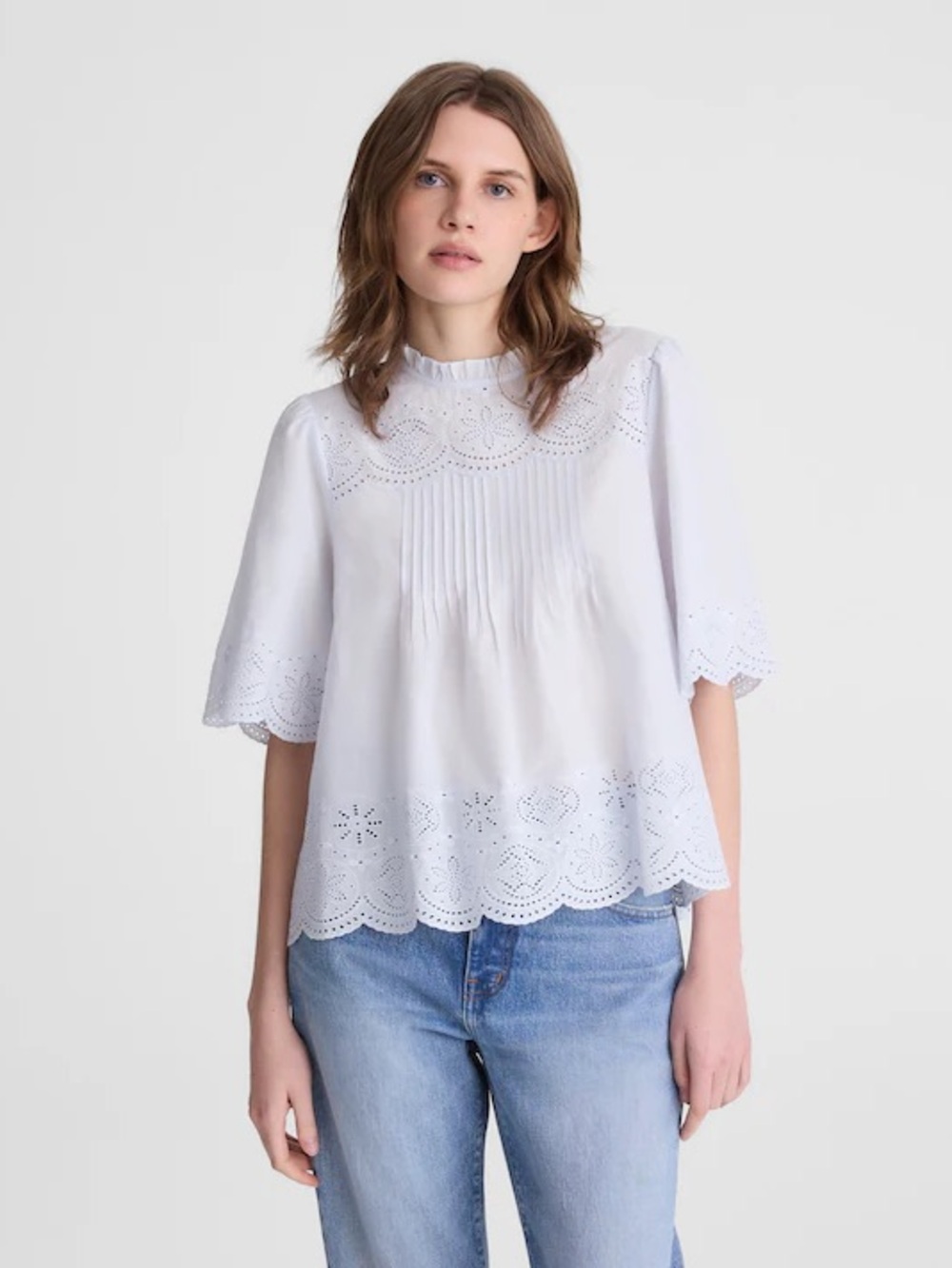 Madewell Embroidered Pintuck High-Neck Top - Picture 2 of 7